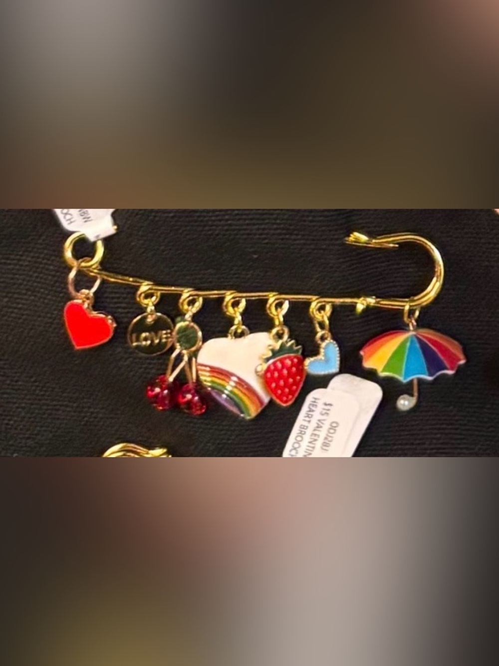 New summer love safety pin brooch hearts, rainbow, fruit umbrella charms